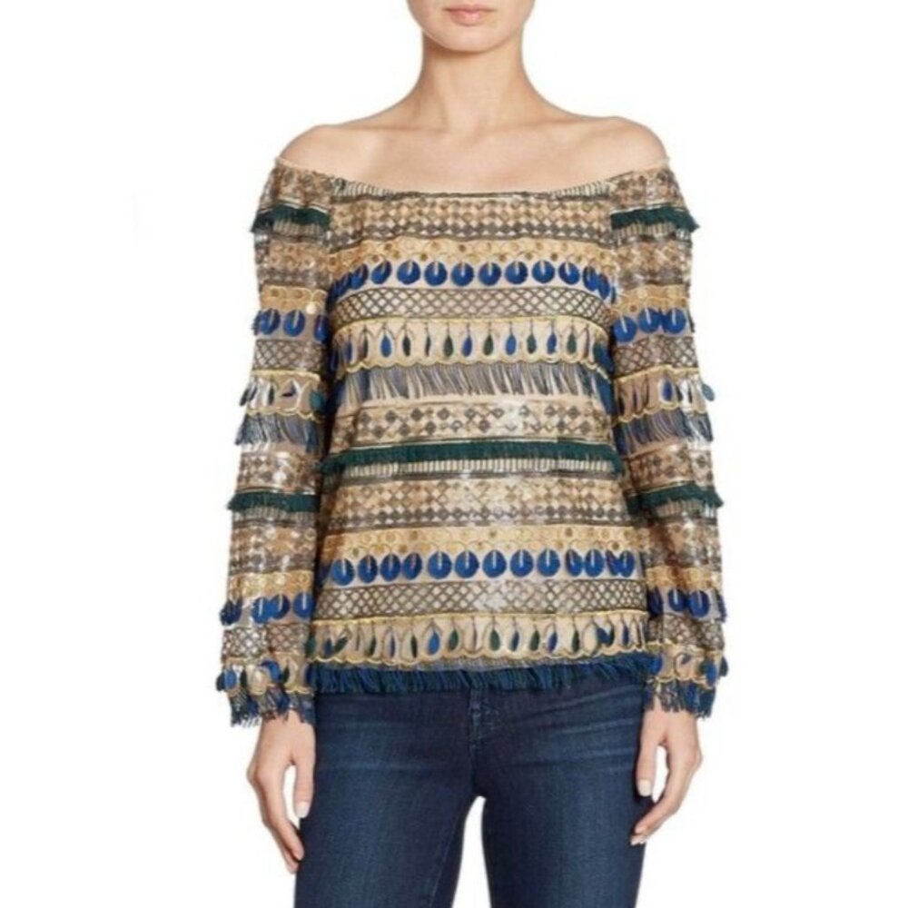 Alice + Olivia Top M Medium Festive Blue Gold Fringe Sequins Tassels Holiday